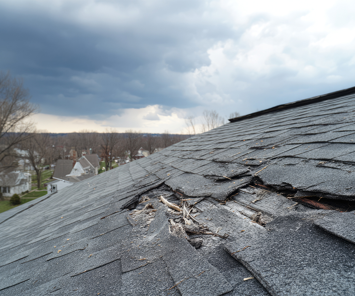 Closeup of storm-damaged asphalt shingles that should be repaired before winter weather.